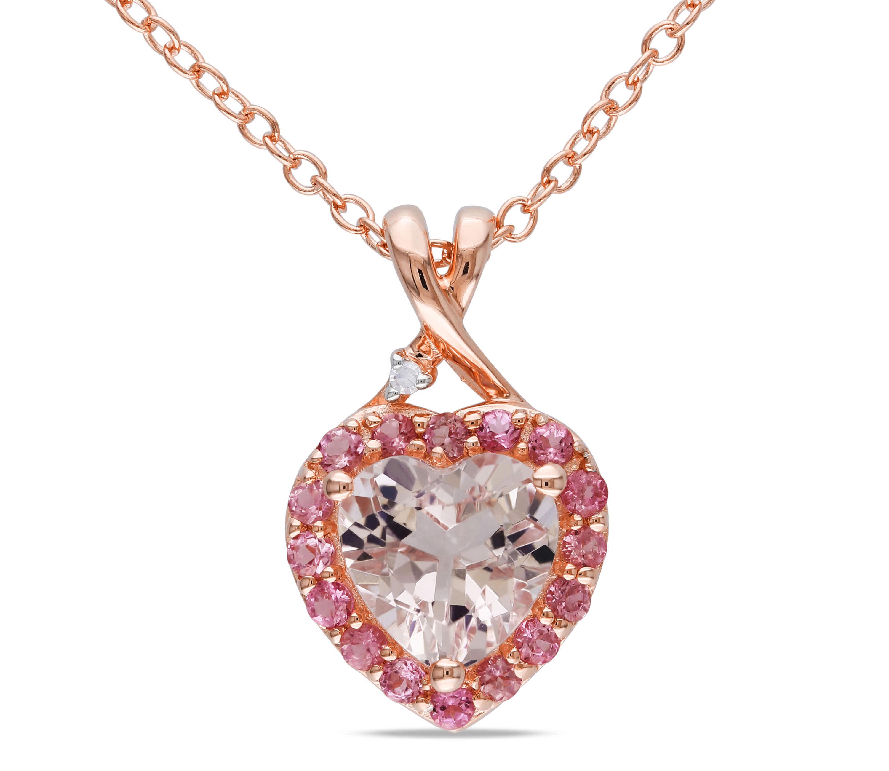 Diamond & Morganite & Pink Tourmaline Pendant with Chain in Rose Plated Sterling Silver