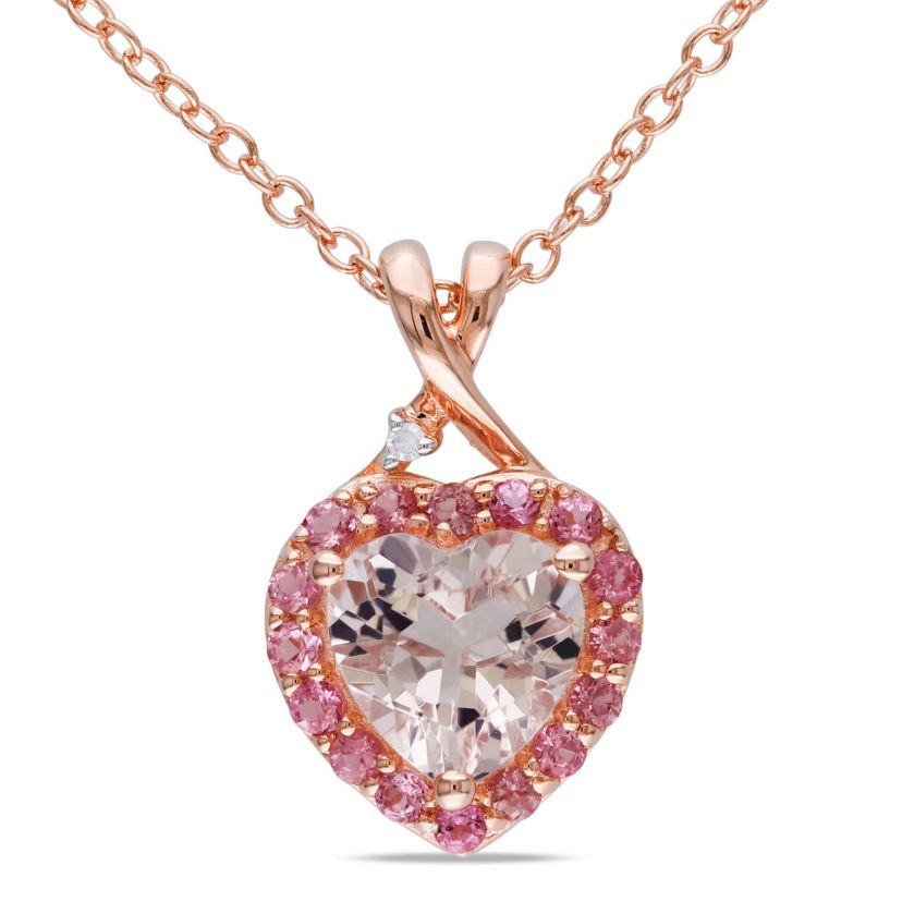 Diamond & Morganite & Pink Tourmaline Pendant with Chain in Rose Plated Sterling Silver