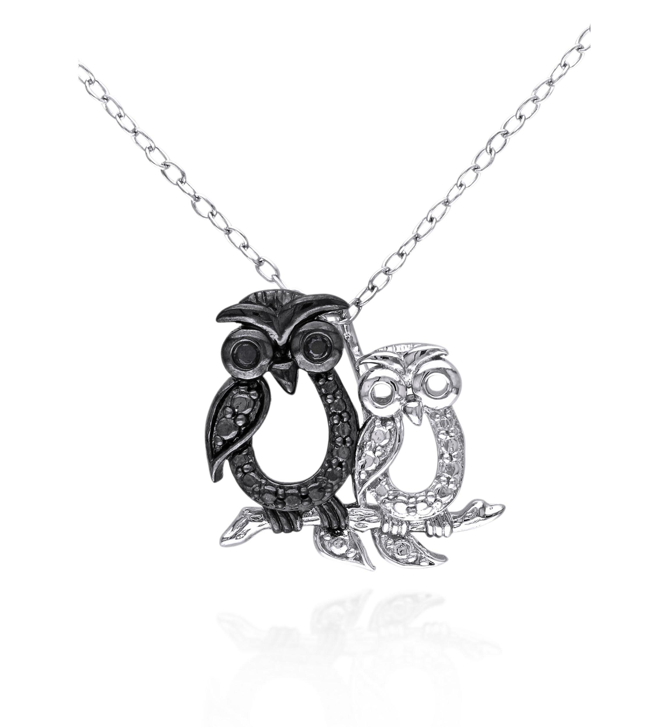 Black Diamond Owl Pendant in Sterling Silver
