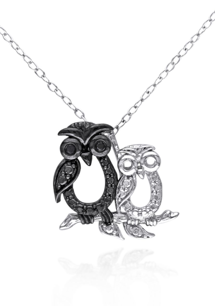Black Diamond Owl Pendant in Sterling Silver