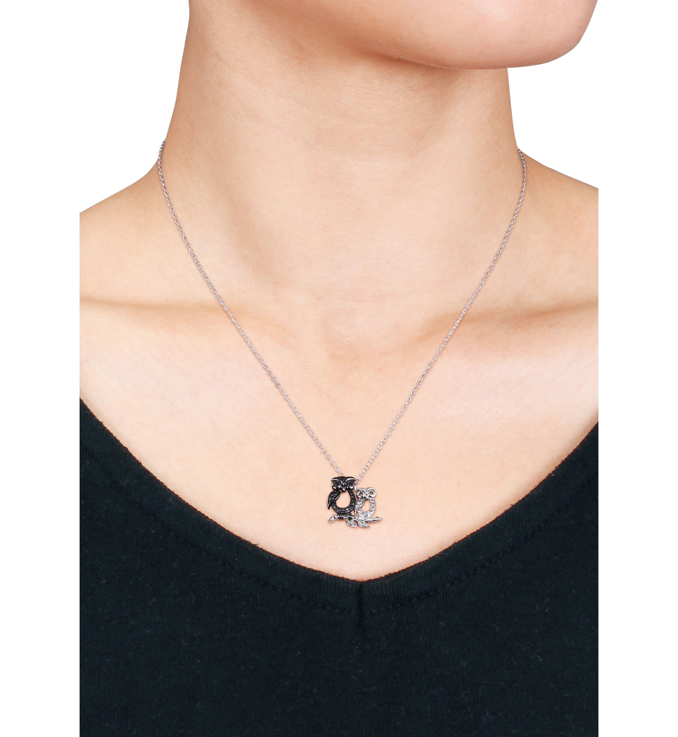Black Diamond Owl Pendant in Sterling Silver
