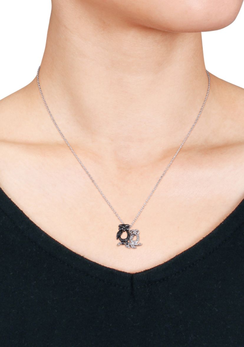 Black Diamond Owl Pendant in Sterling Silver