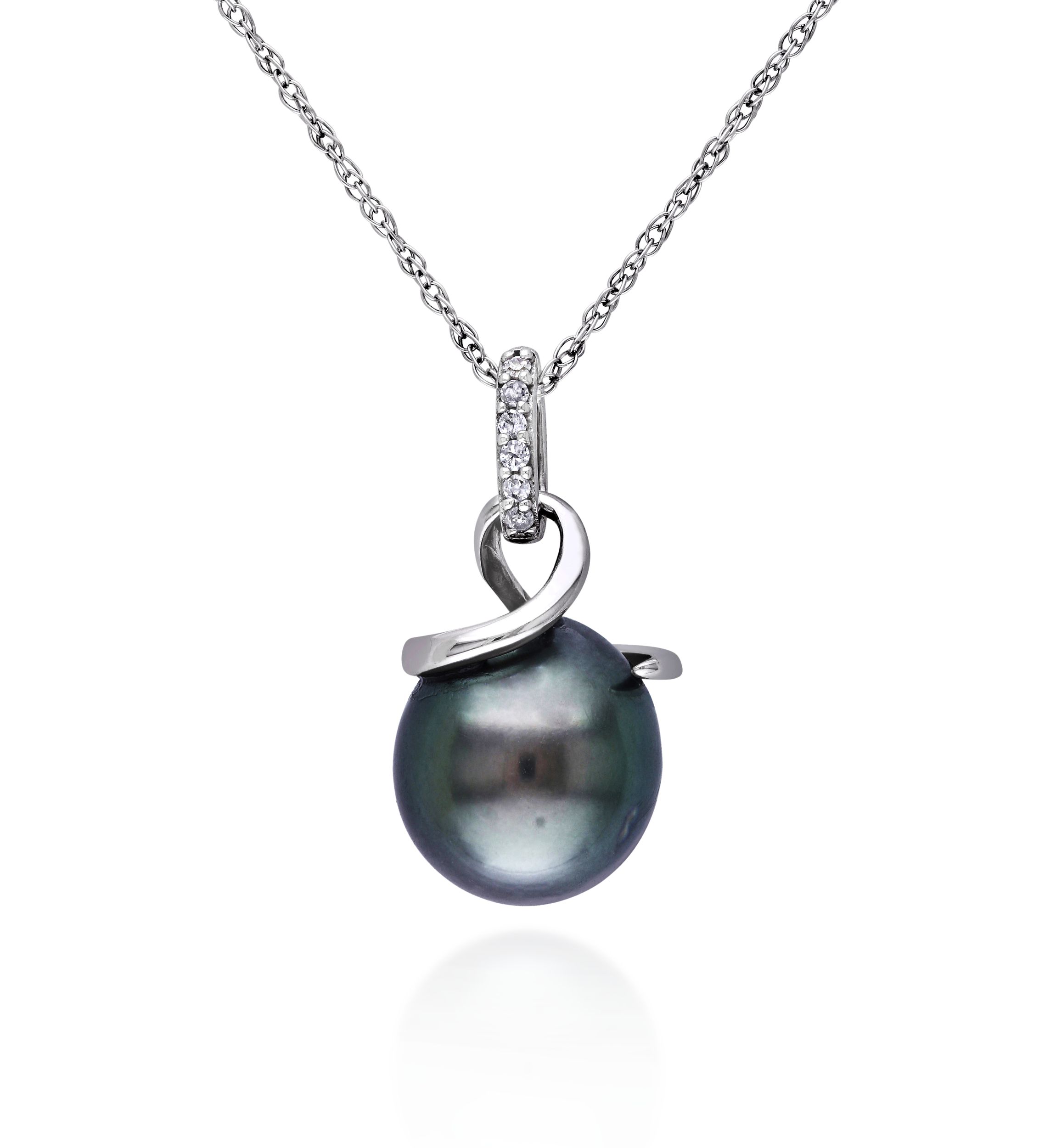 10k White Gold Black Tahitian Pearl and Diamond Pendant