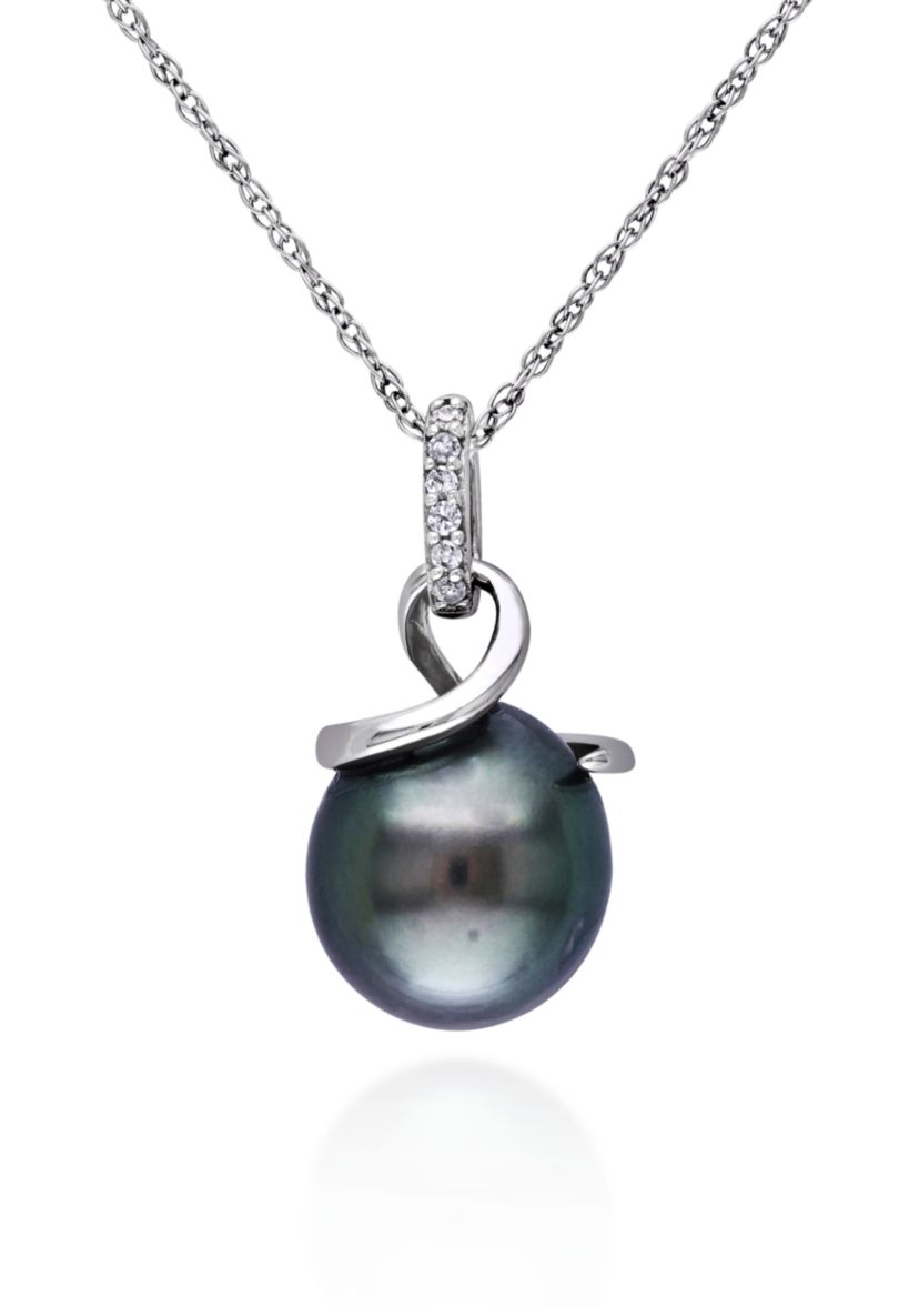 10k White Gold Black Tahitian Pearl and Diamond Pendant