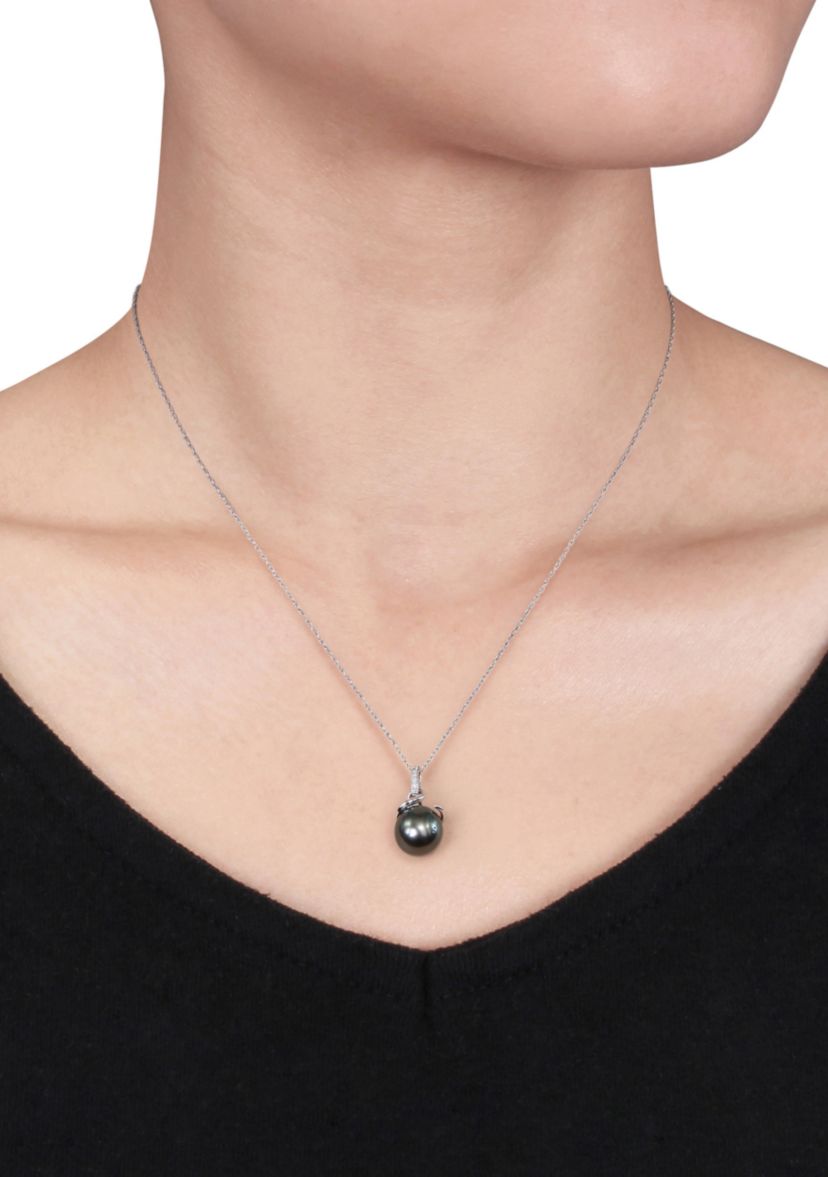 10k White Gold Black Tahitian Pearl and Diamond Pendant