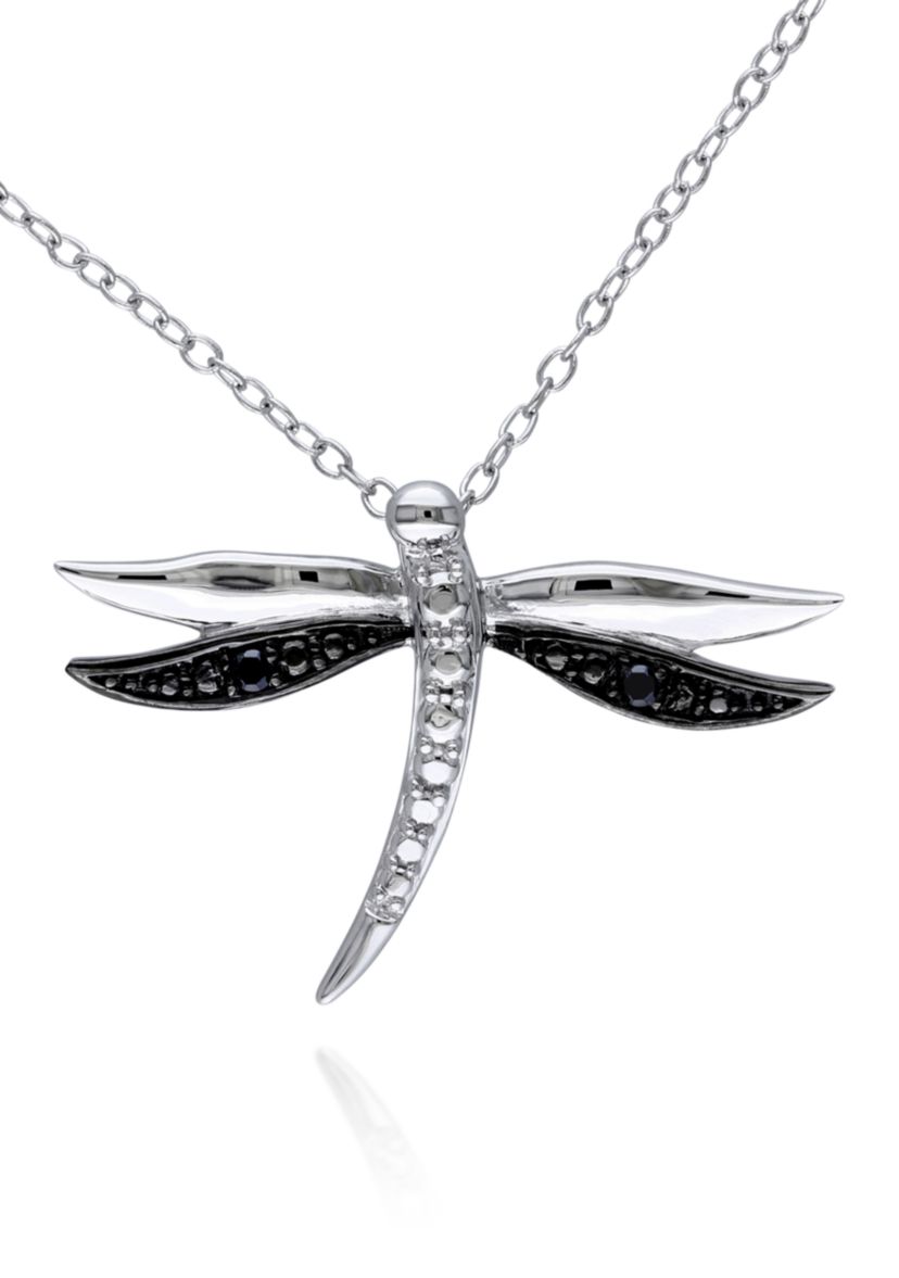 Black Diamond Dragonfly Pendant in Sterling Silver