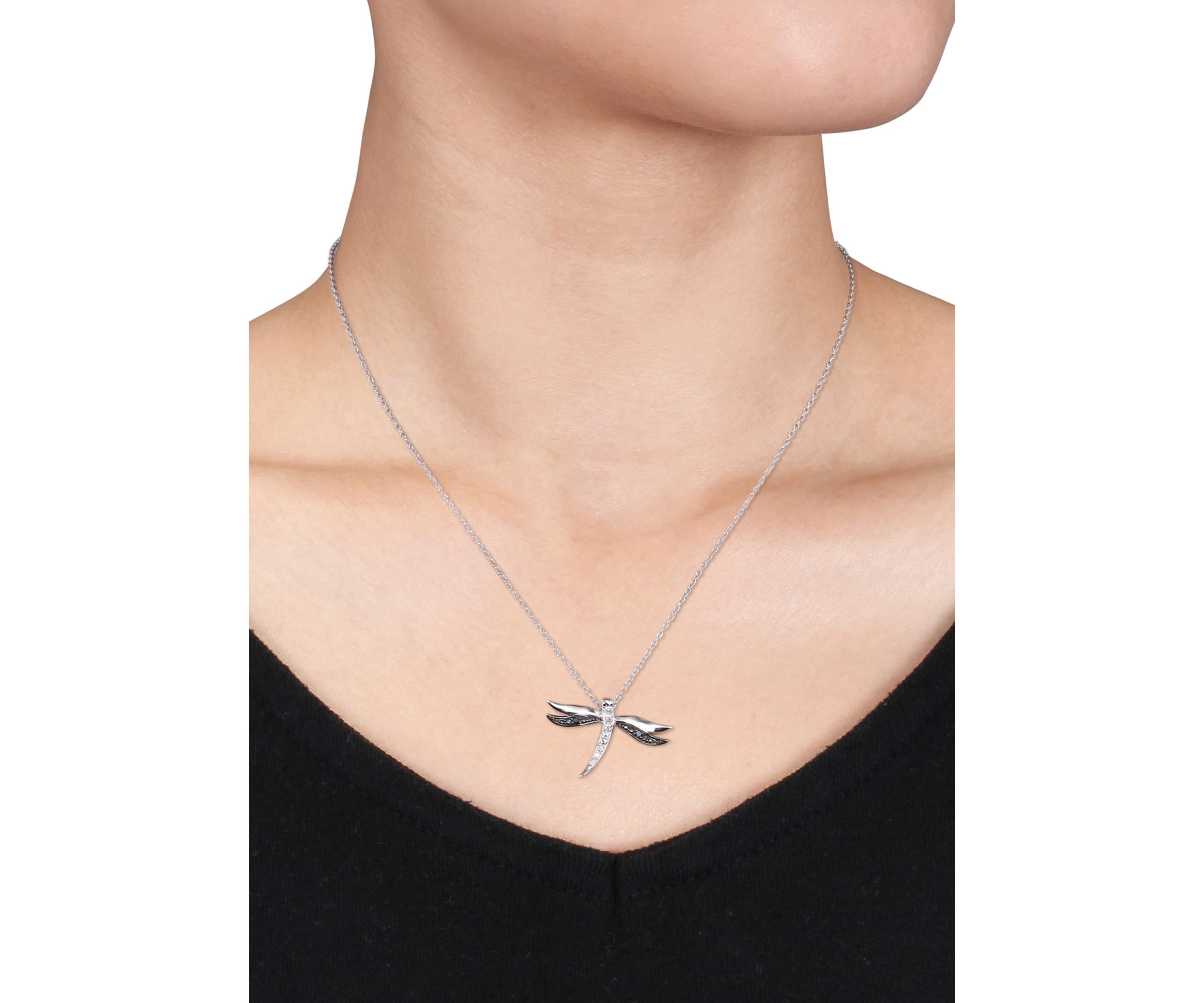 Black Diamond Dragonfly Pendant in Sterling Silver