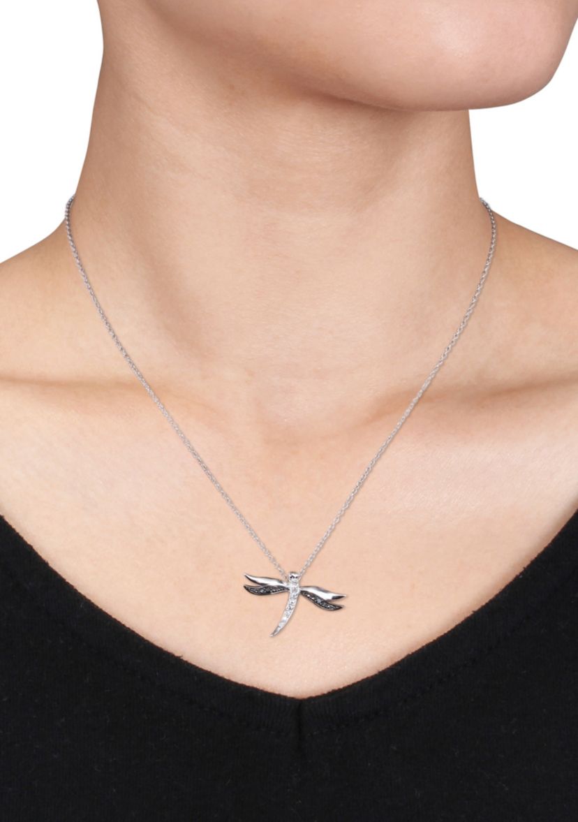 Black Diamond Dragonfly Pendant in Sterling Silver