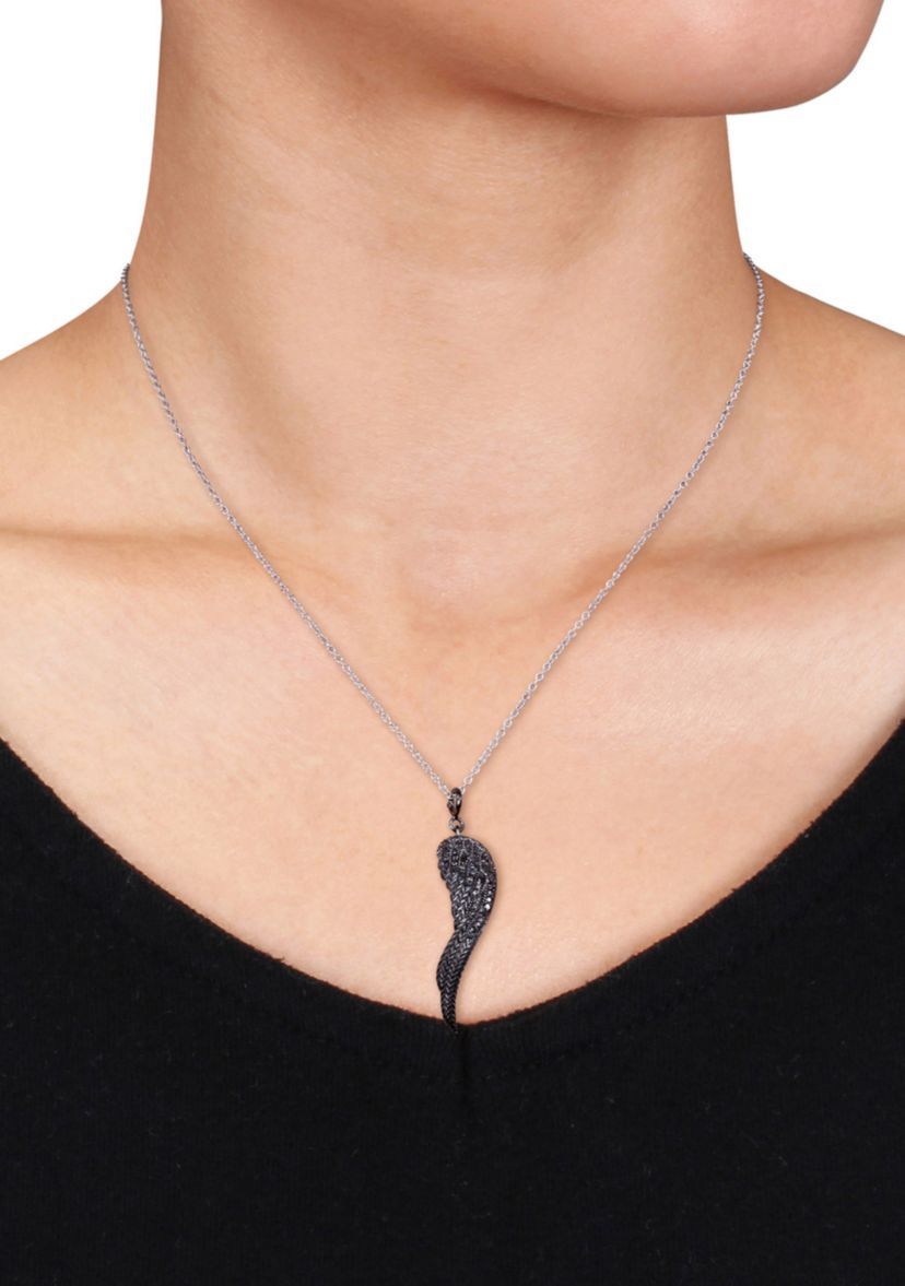 Black Diamond Angel Wing Pendant in Sterling Silver