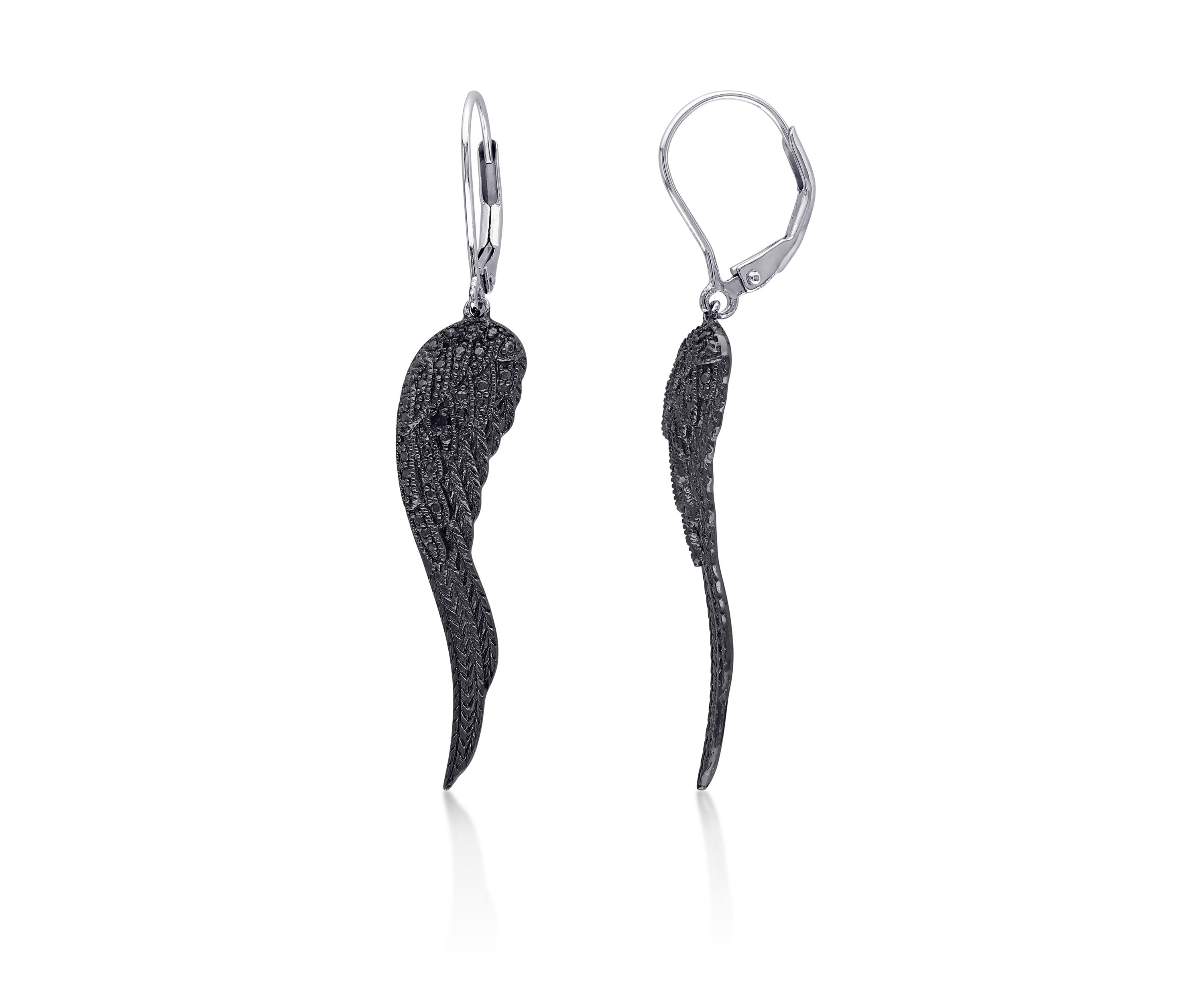 Black Diamond Angel Wing Earrings in Sterling Silver