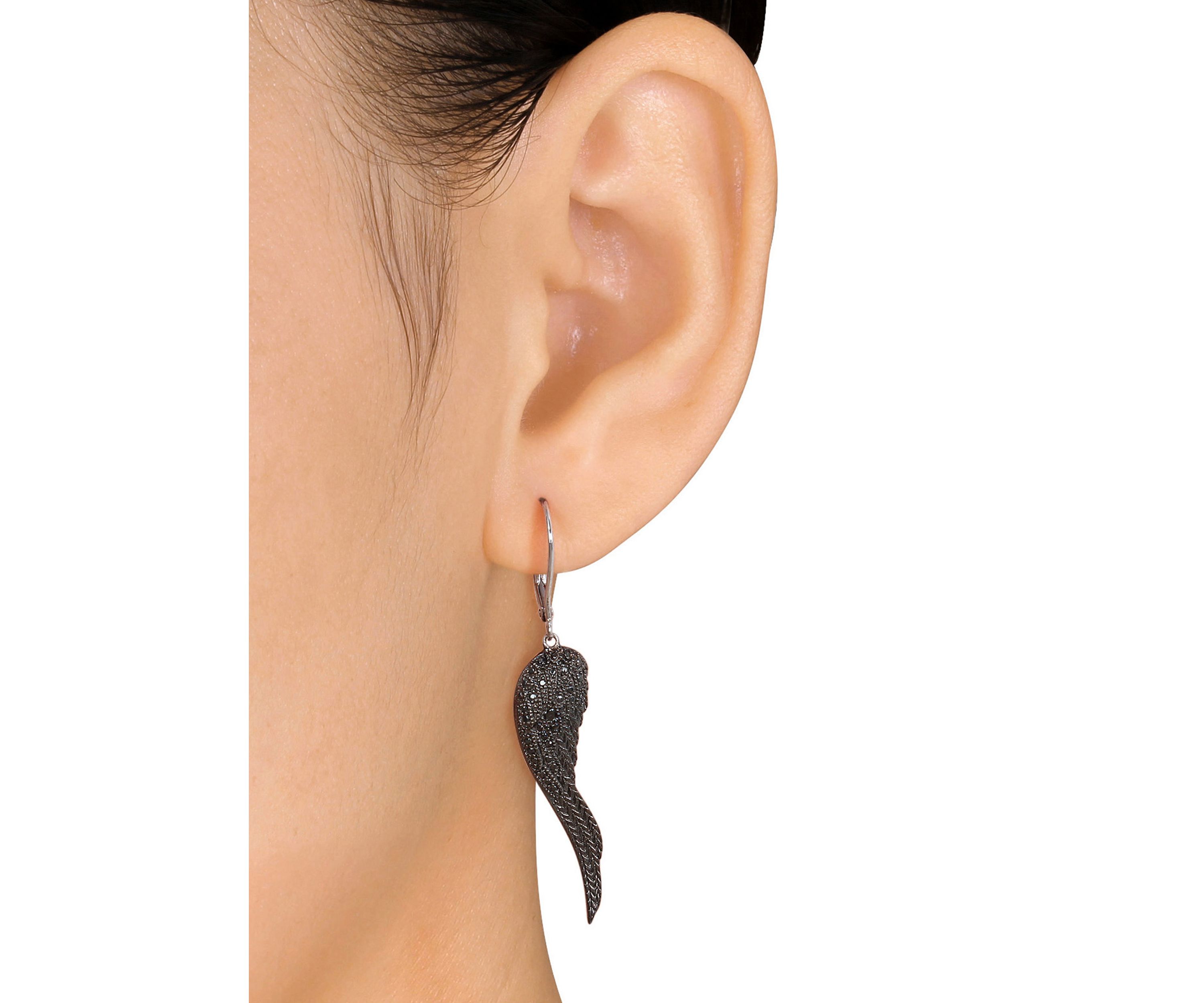 Black Diamond Angel Wing Earrings in Sterling Silver