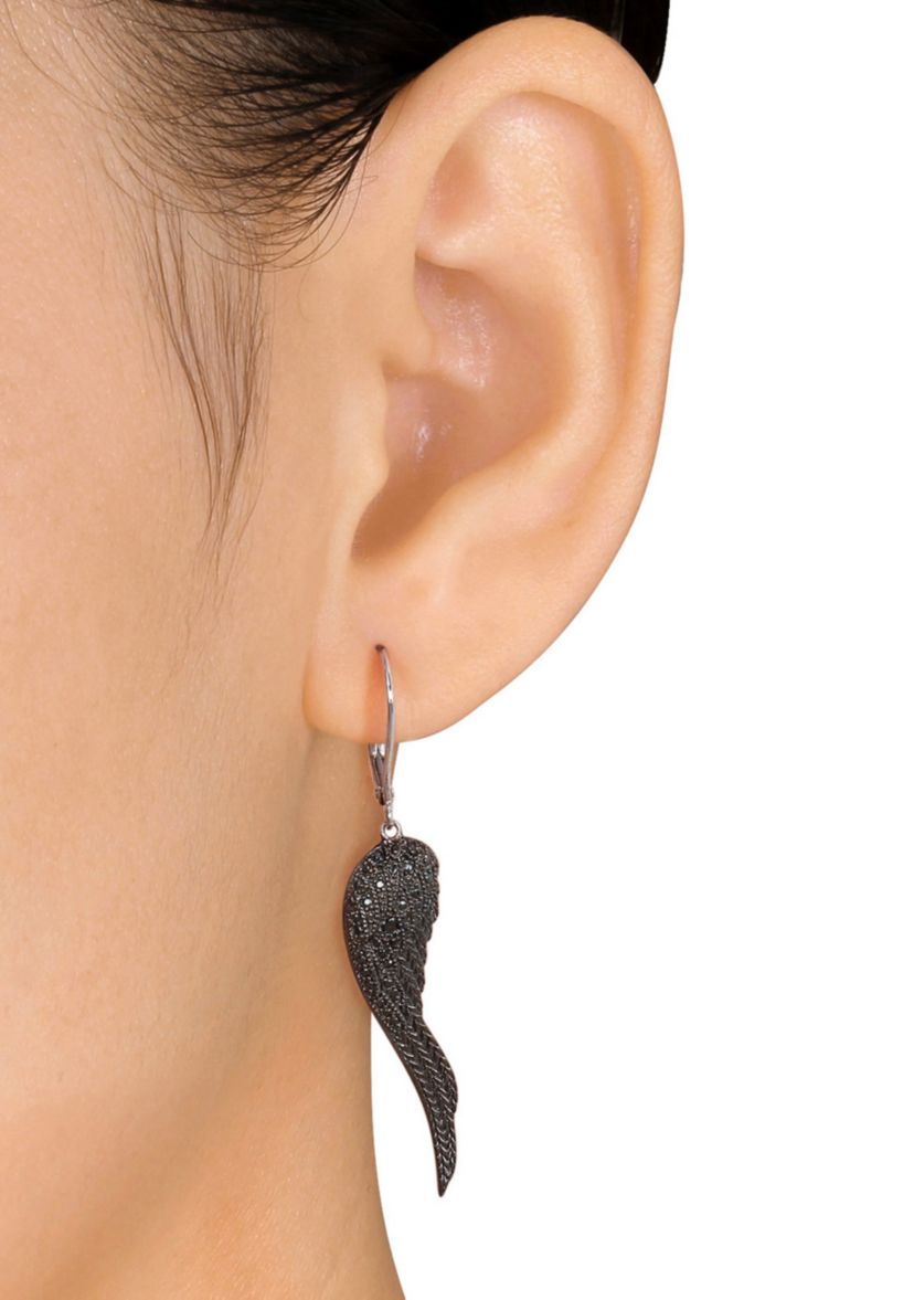 Black Diamond Angel Wing Earrings in Sterling Silver