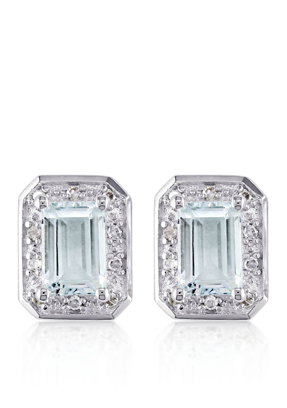 Sterling Silver Aquamarine and Diamond Stud Earrings
