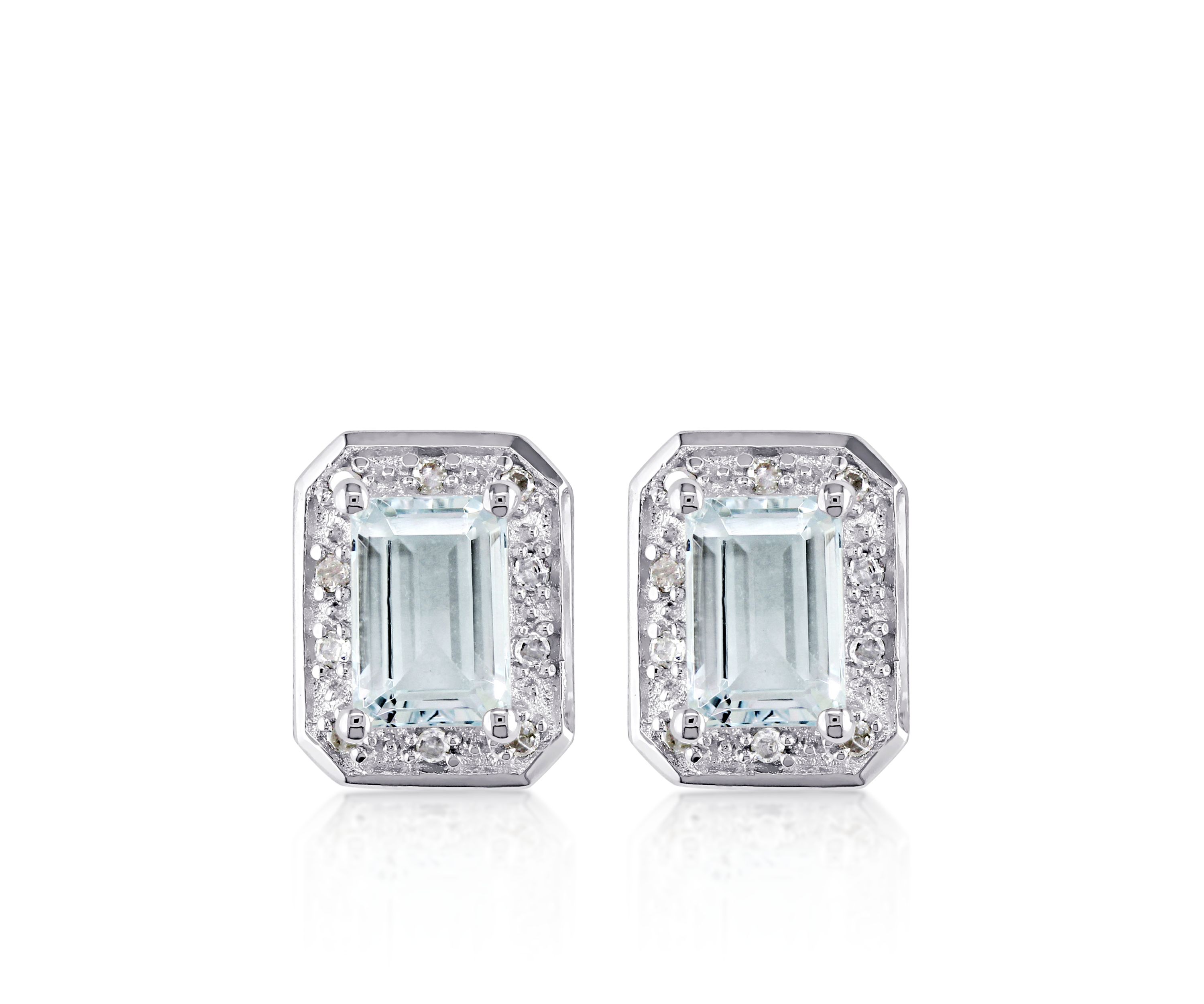 Sterling Silver Aquamarine and Diamond Stud Earrings