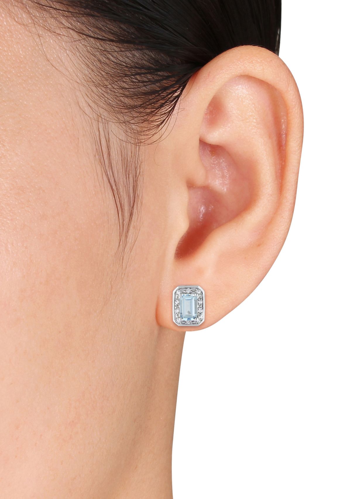 Sterling Silver Aquamarine and Diamond Stud Earrings