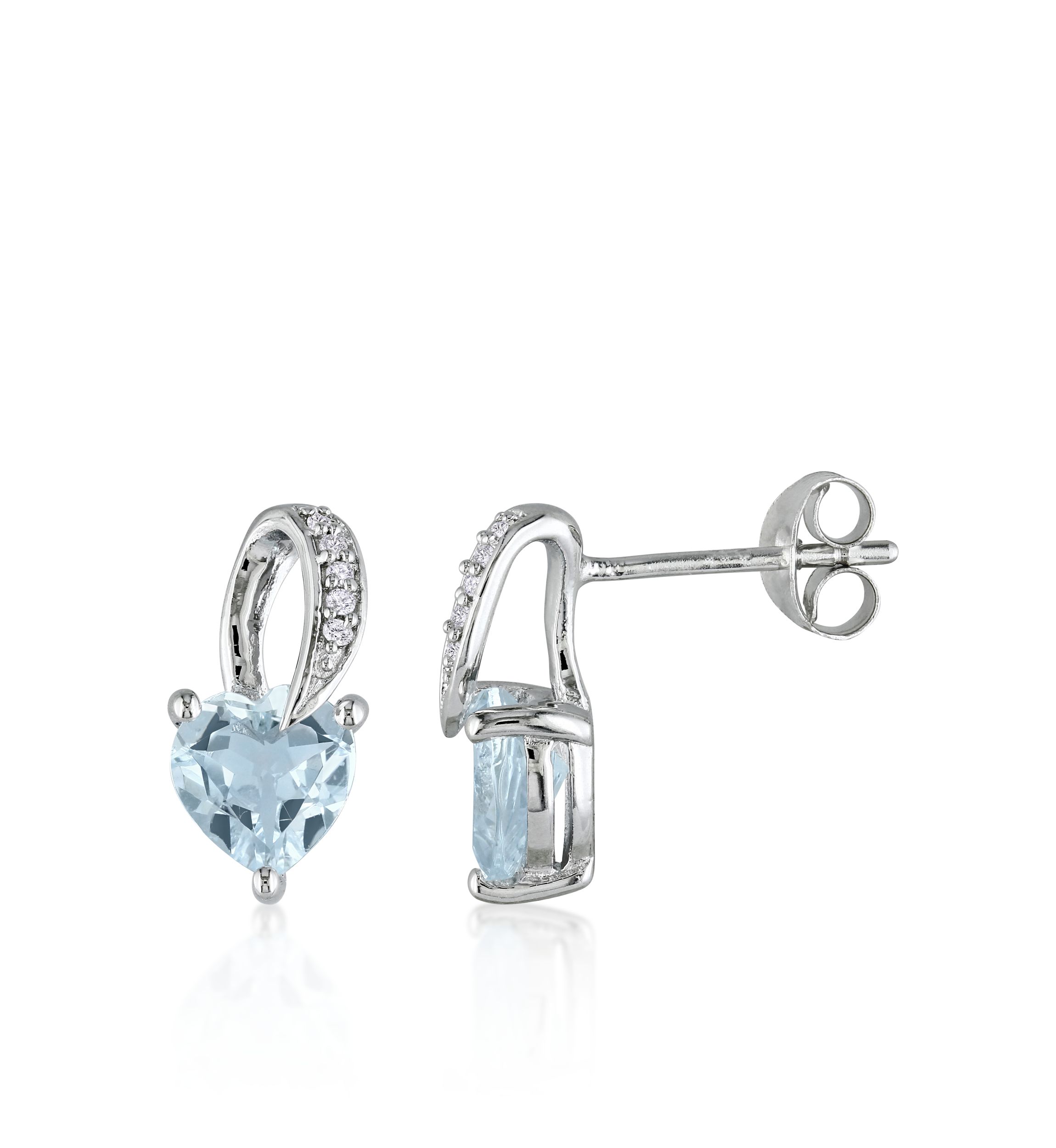 Sterling Silver Aquamarine and Diamond Heart Earrings