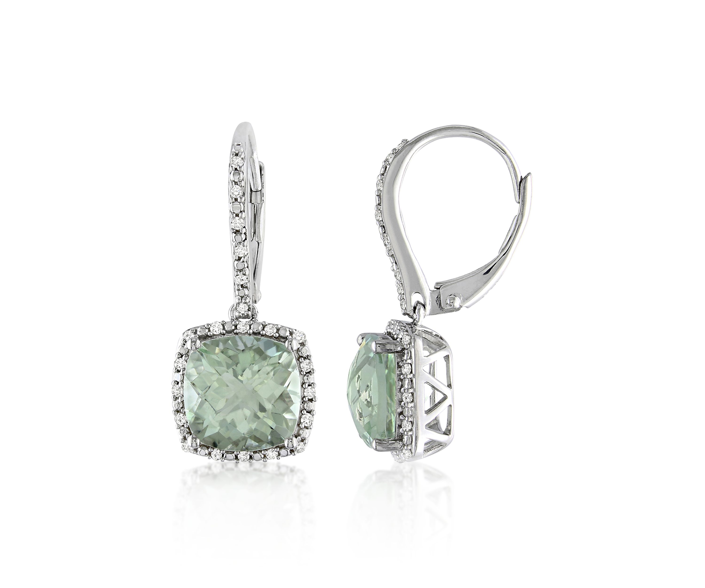 Green Amethyst and Diamond Earrings in Sterling Silver