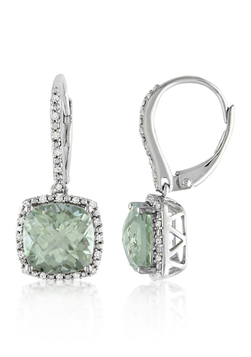 Green Amethyst and Diamond Earrings in Sterling Silver