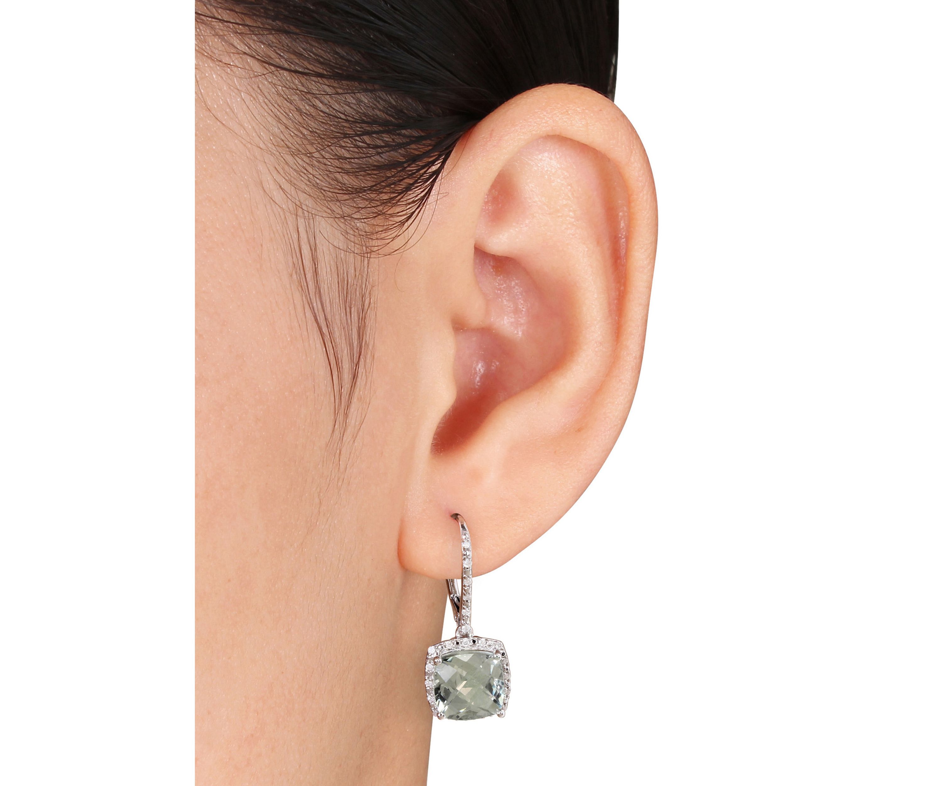 Green Amethyst and Diamond Earrings in Sterling Silver
