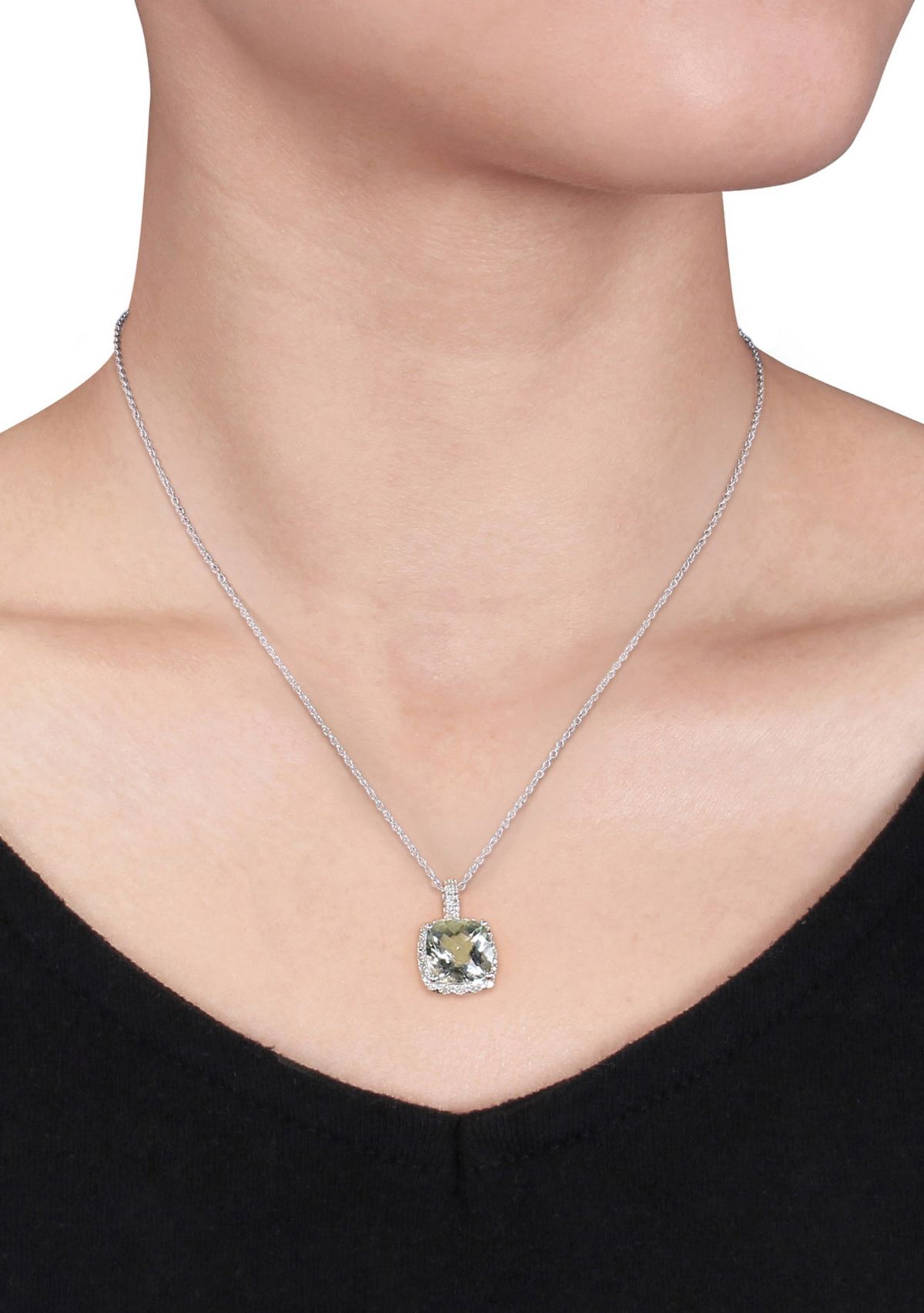 Green Amethyst and Diamond Pendant in Sterling Silver