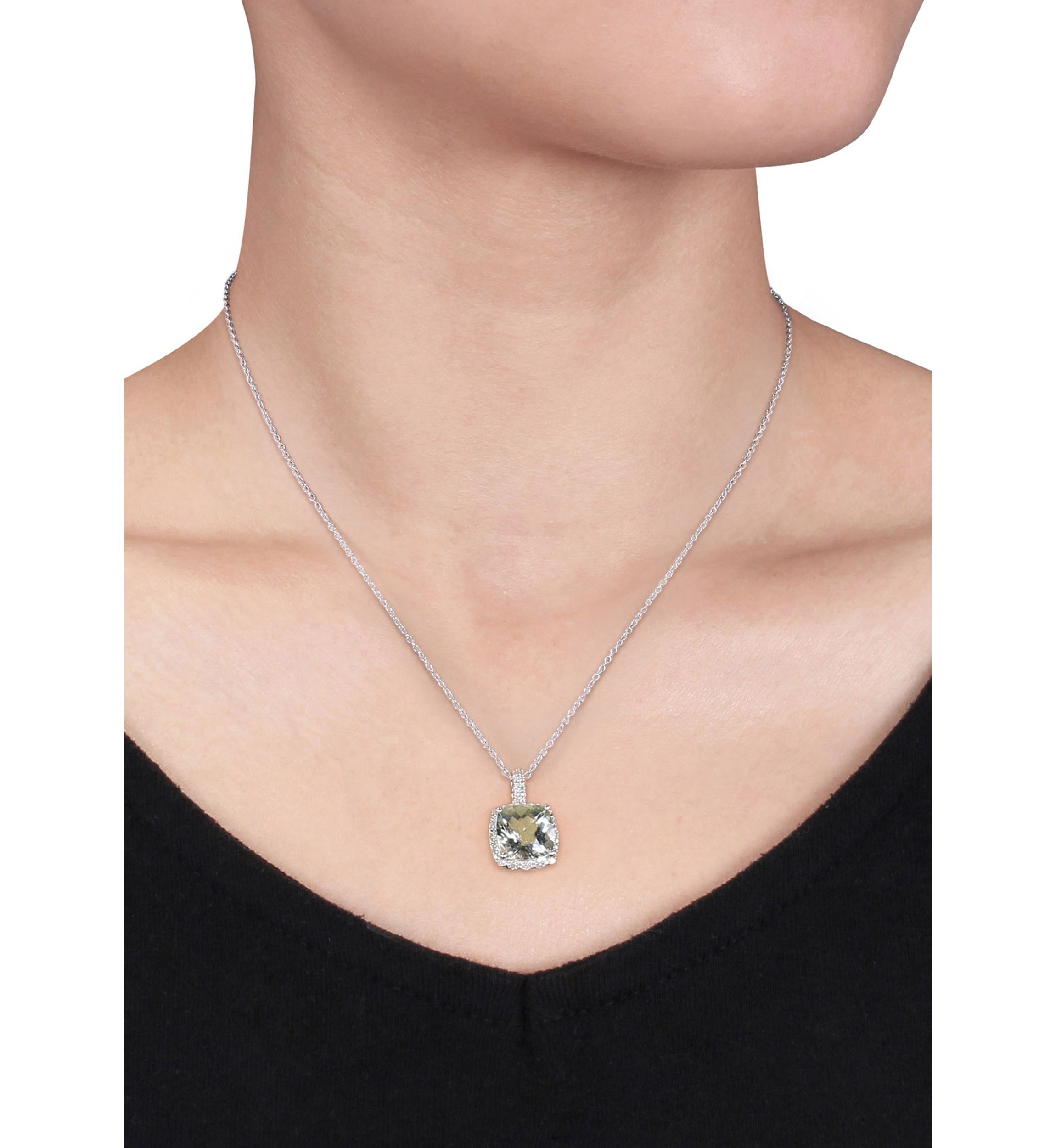 Green Amethyst and Diamond Pendant in Sterling Silver