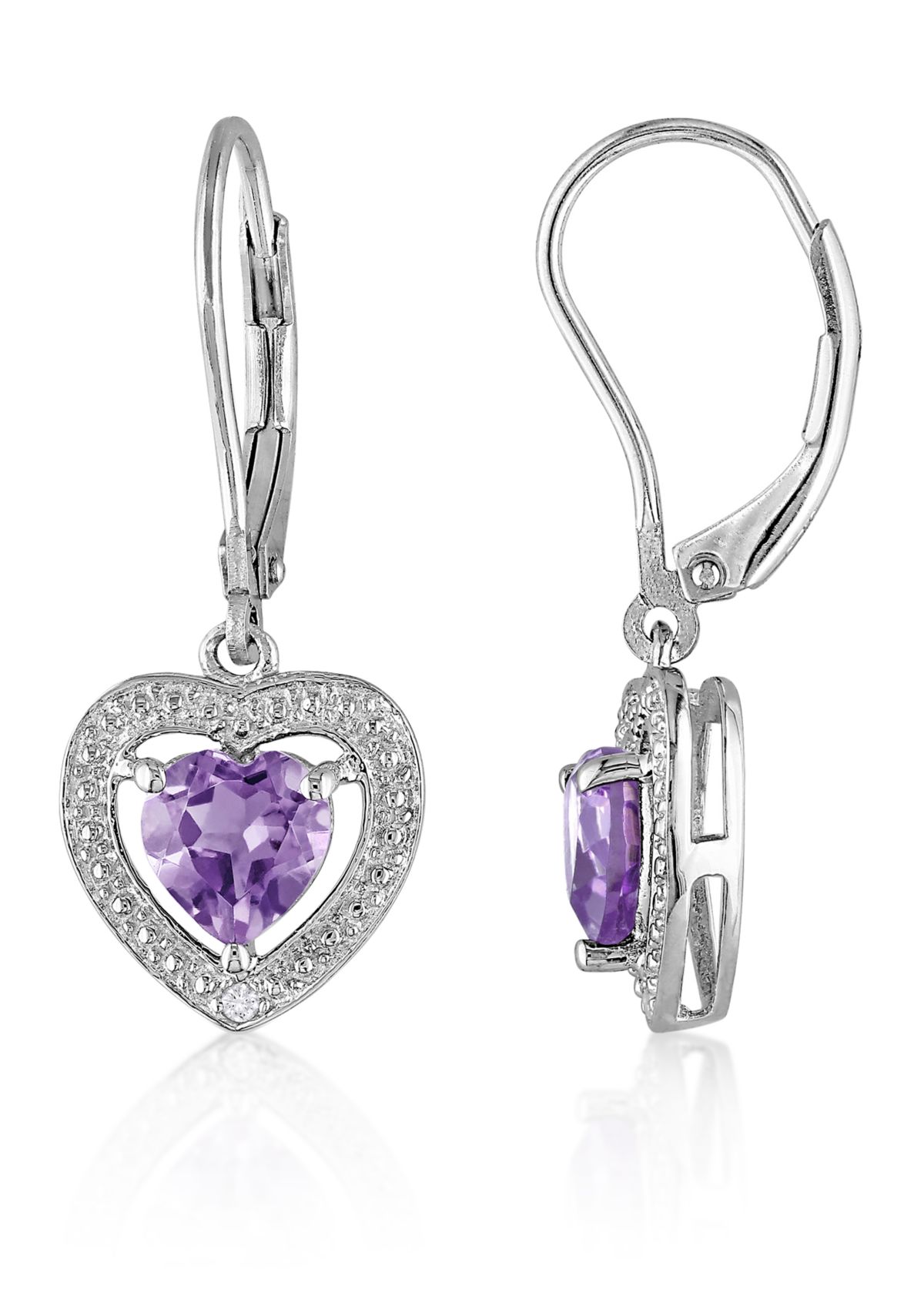 Amethyst and Diamond Heart Earrings in Sterling Silver