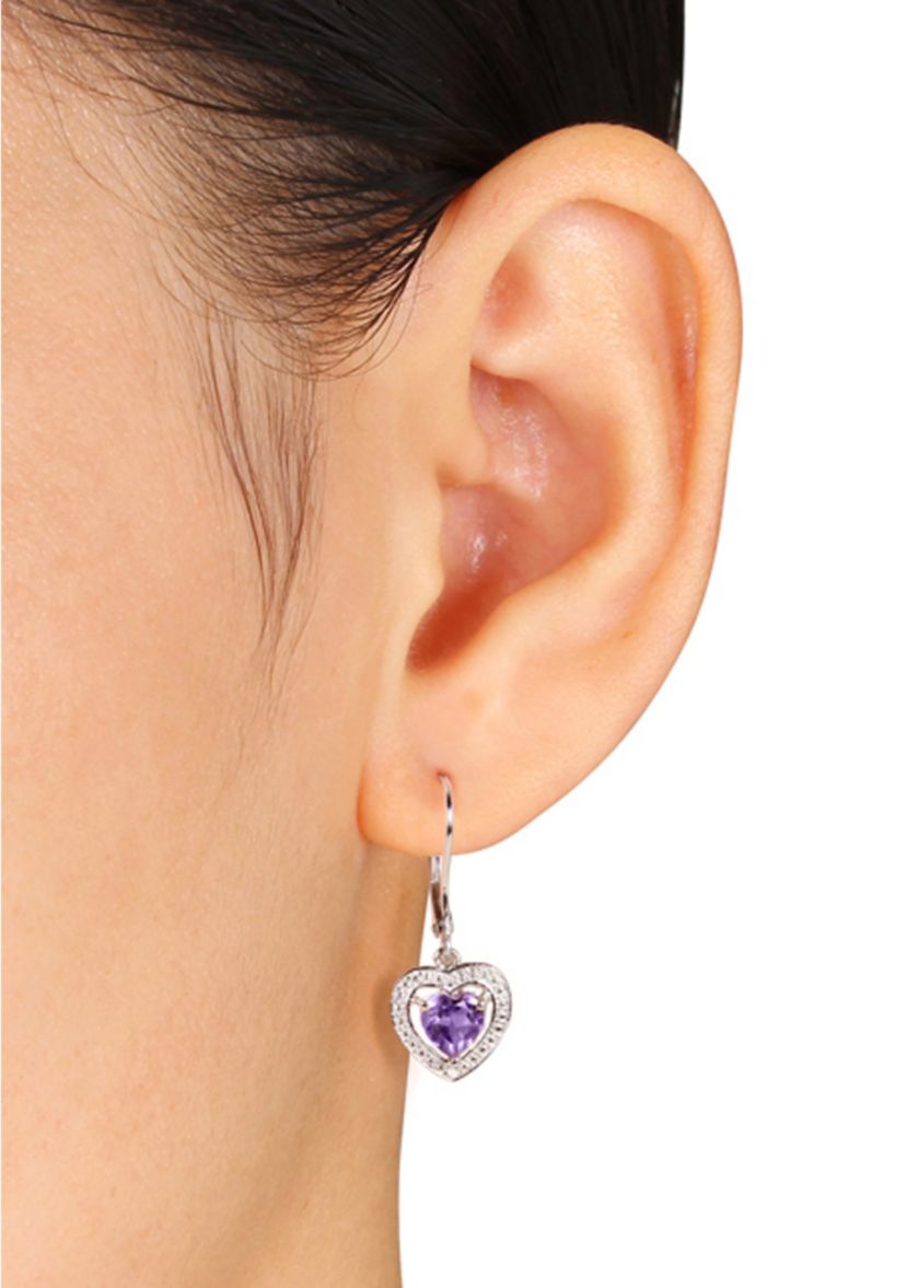 Amethyst and Diamond Heart Earrings in Sterling Silver