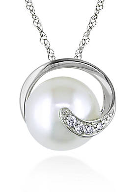 10k White Gold Cultured Freshwater Pearl and Diamond Pendant