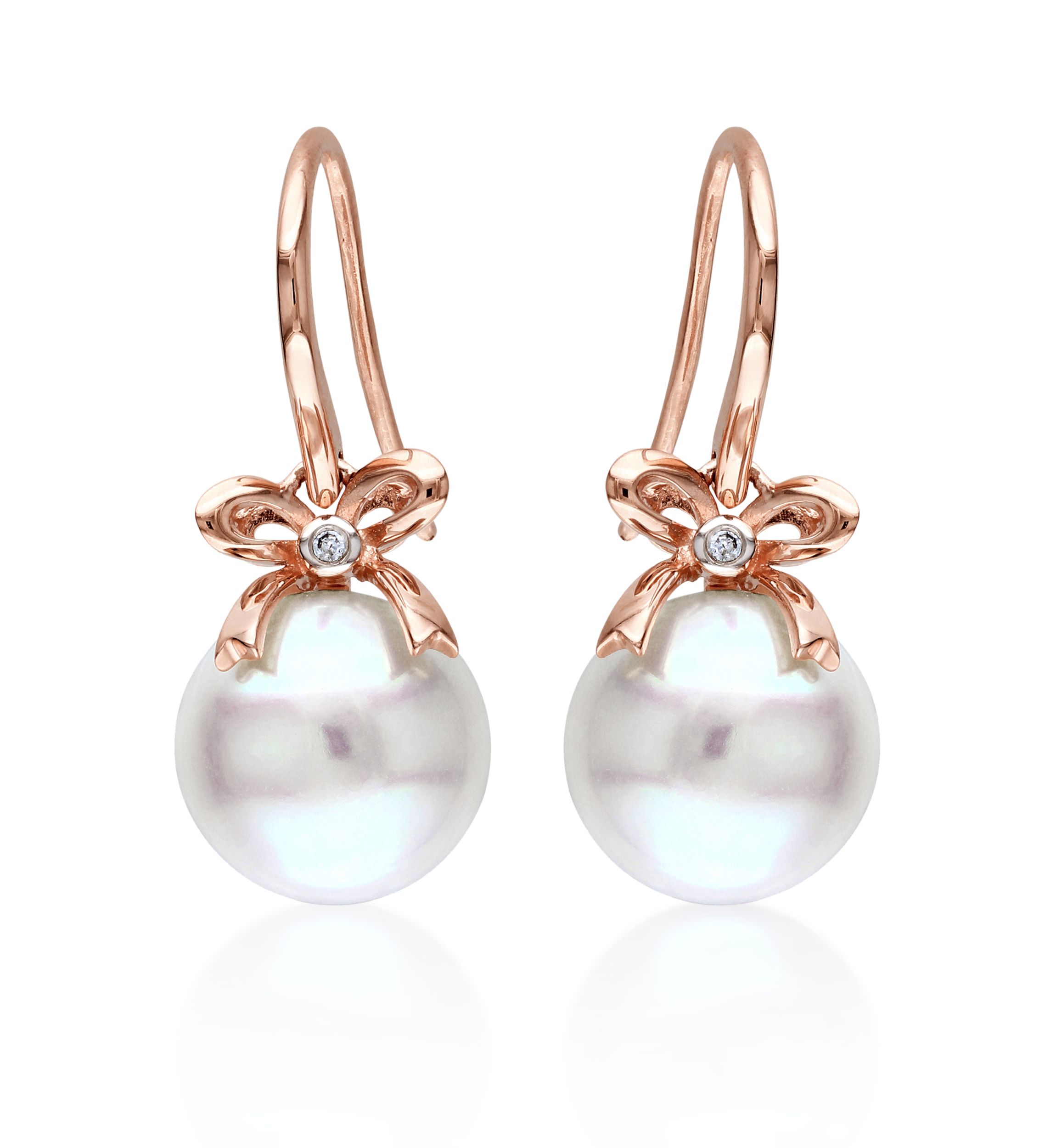 10k Rose Gold Cultured Freshwater Pearl and Diamond Bow Earrings