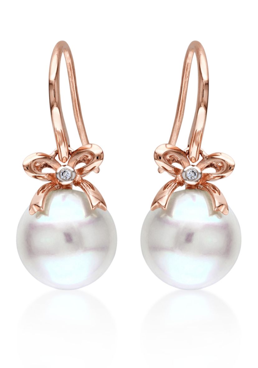 10k Rose Gold Cultured Freshwater Pearl and Diamond Bow Earrings