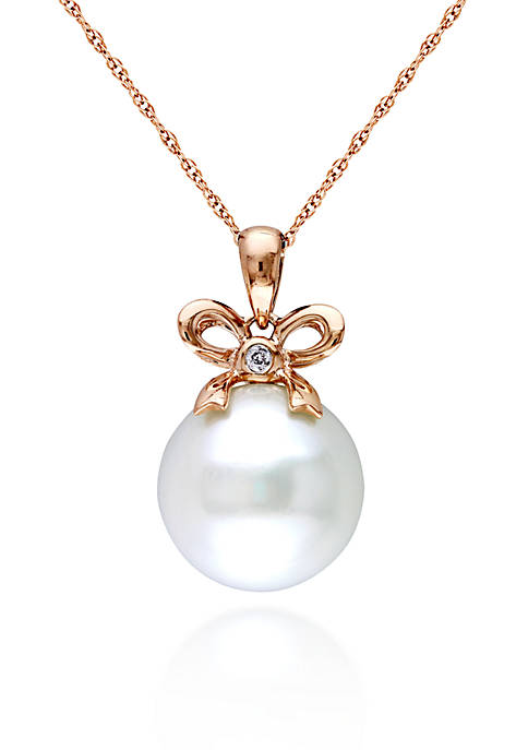 10 Rose Gold Cultured Freshwater Pearl and Diamond Bow Pendant