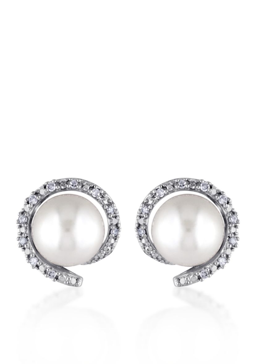 10k White Gold Cultured Freshwater Pearl and Diamond Stud Earrings