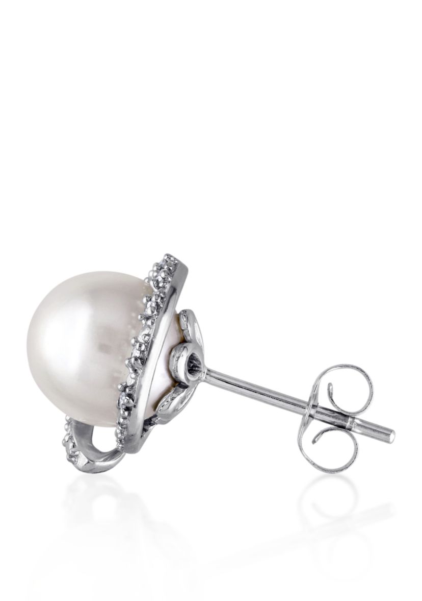 10k White Gold Cultured Freshwater Pearl and Diamond Stud Earrings