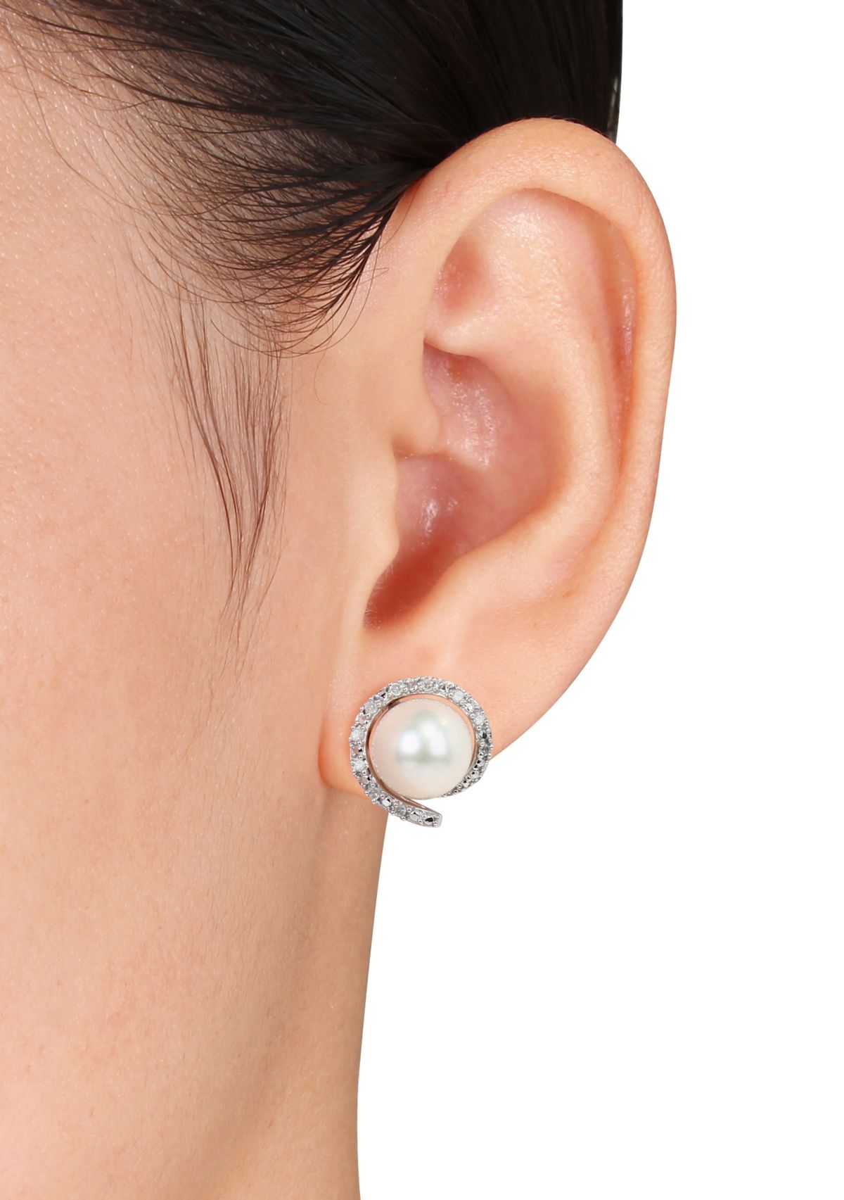 10k White Gold Cultured Freshwater Pearl and Diamond Stud Earrings