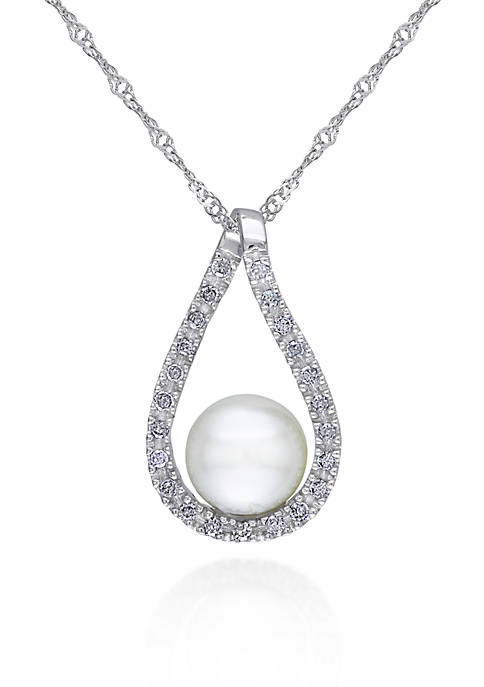 14k White Gold Cultured Freshwater Pearl and Diamond Pendant
