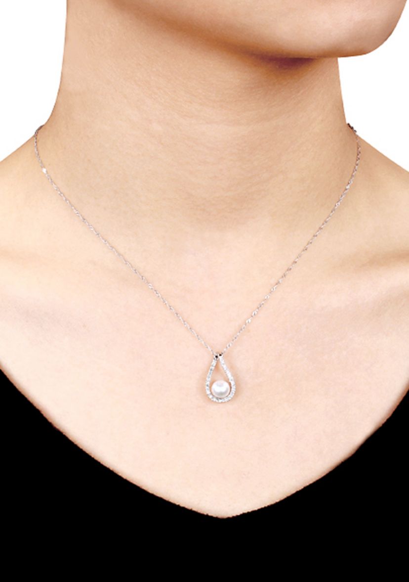 14k White Gold Cultured Freshwater Pearl and Diamond Pendant