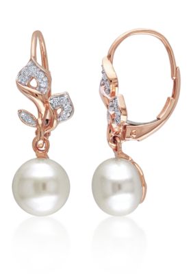 Belk & Co 10k Rose Gold Cultured Freshwater Pearl and Diamond Earrings, White