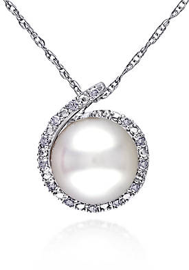 10k White Gold Cultured Freshwater Pearl and Diamond Pendant