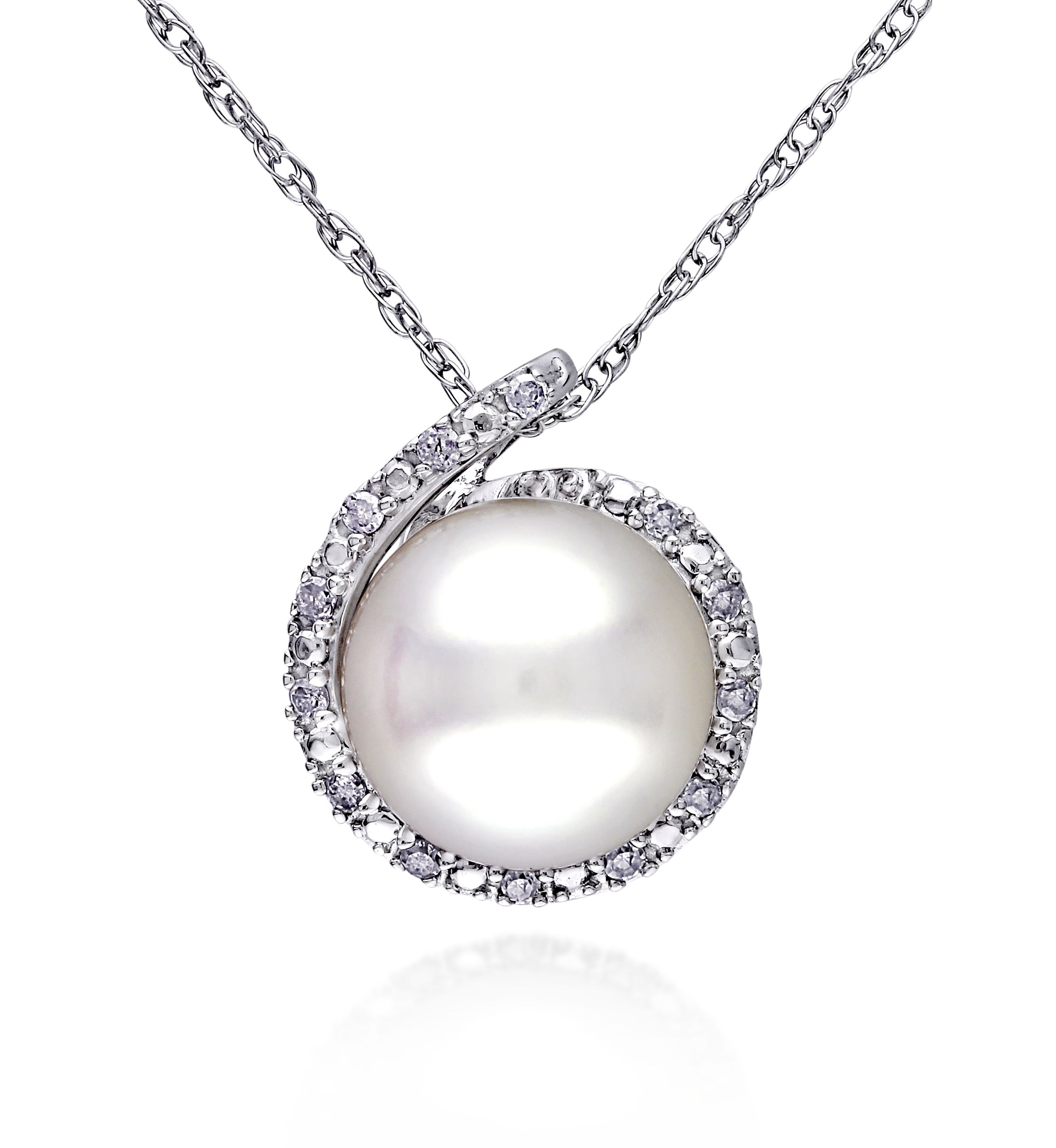 10k White Gold Cultured Freshwater Pearl and Diamond Pendant