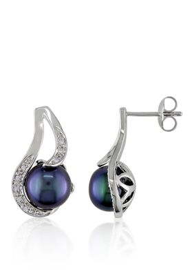Belk & Co Sterling Silver Black Cultured Freshwater Pearl and Diamond Earrings
