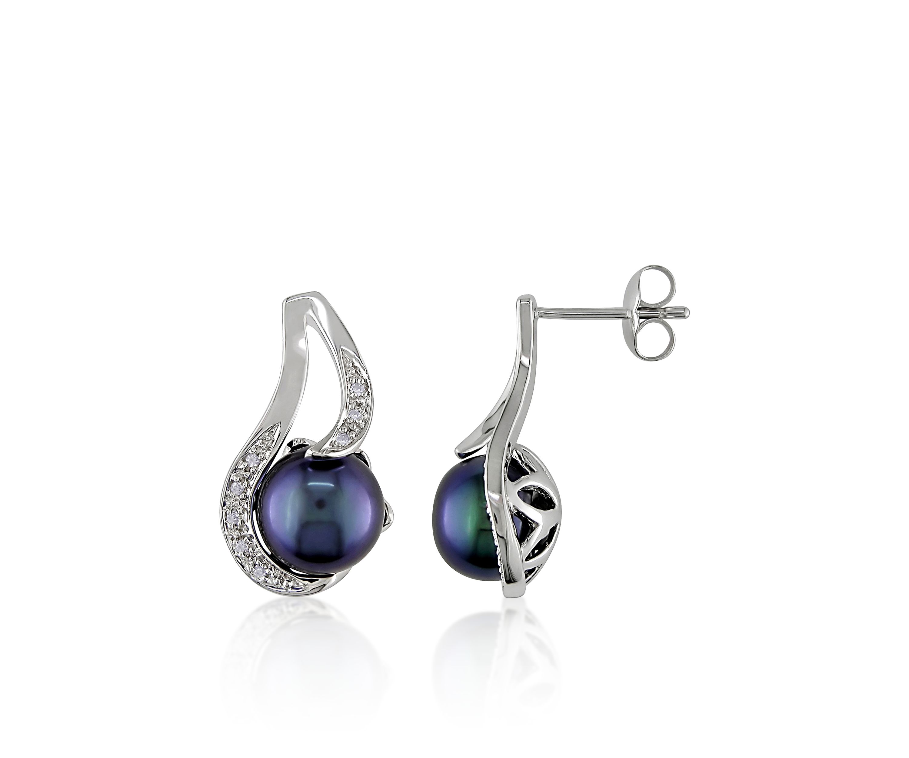 Sterling Silver Black Cultured Freshwater Pearl and Diamond Earrings