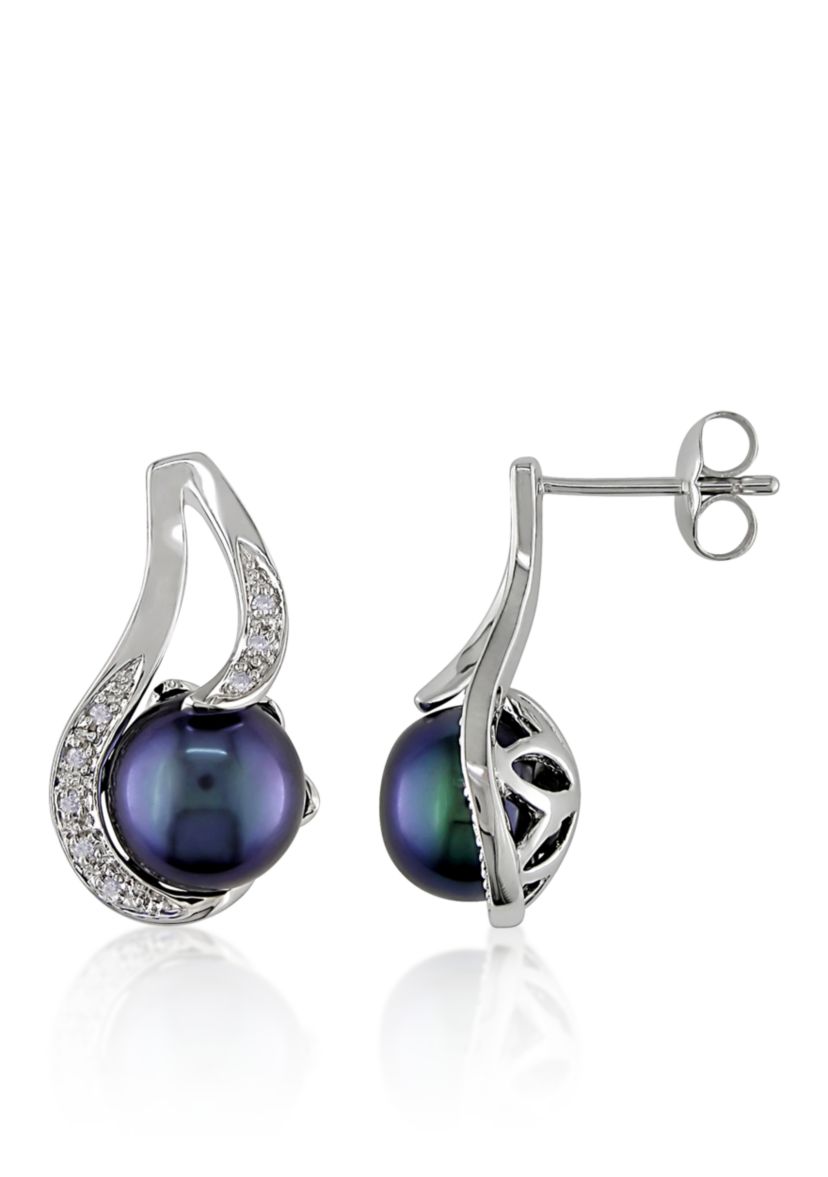 Sterling Silver Black Cultured Freshwater Pearl and Diamond Earrings