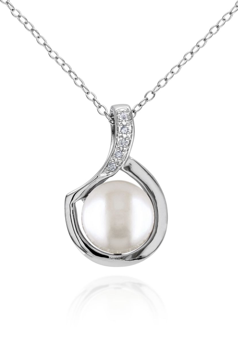Sterling Silver White Cultured Freshwater Pearl and Diamond Pendant