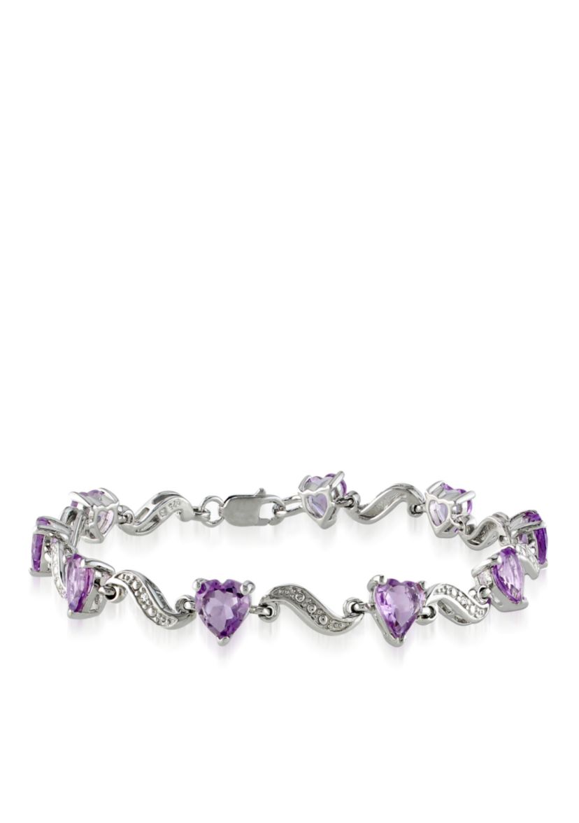 Sterling Silver Amethyst and Diamond Heart Bracelet