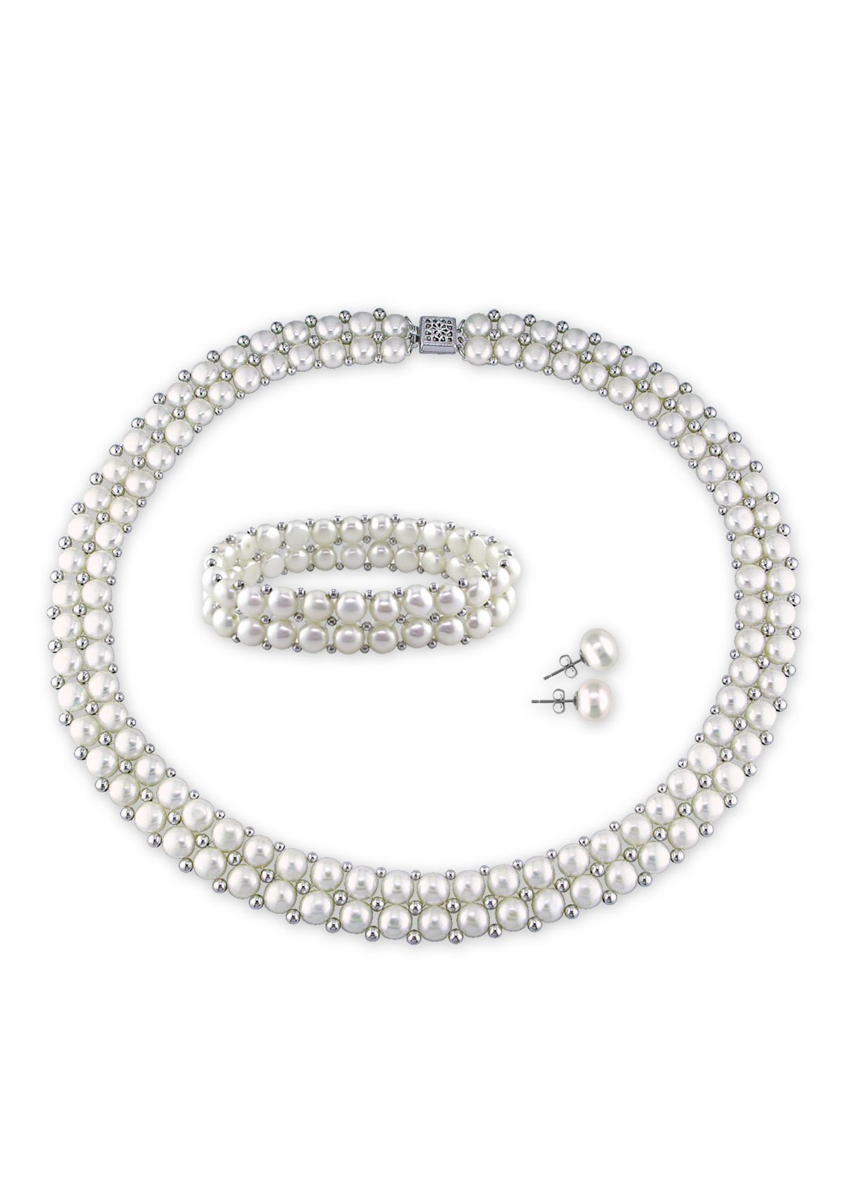 Sterling Silver White Cultured Freshwater Pearl and Silver Bead Necklace, Bracelet and Earring Set