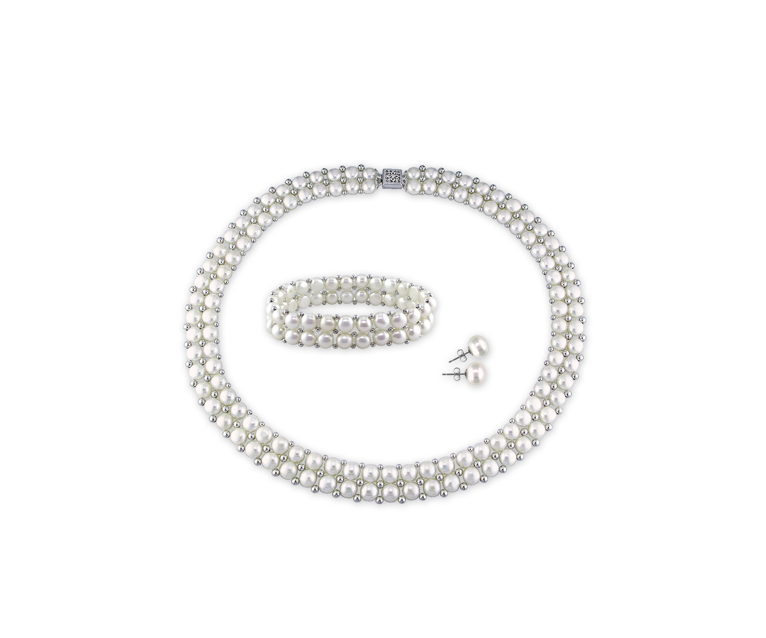 Sterling Silver White Cultured Freshwater Pearl and Silver Bead Necklace, Bracelet and Earring Set