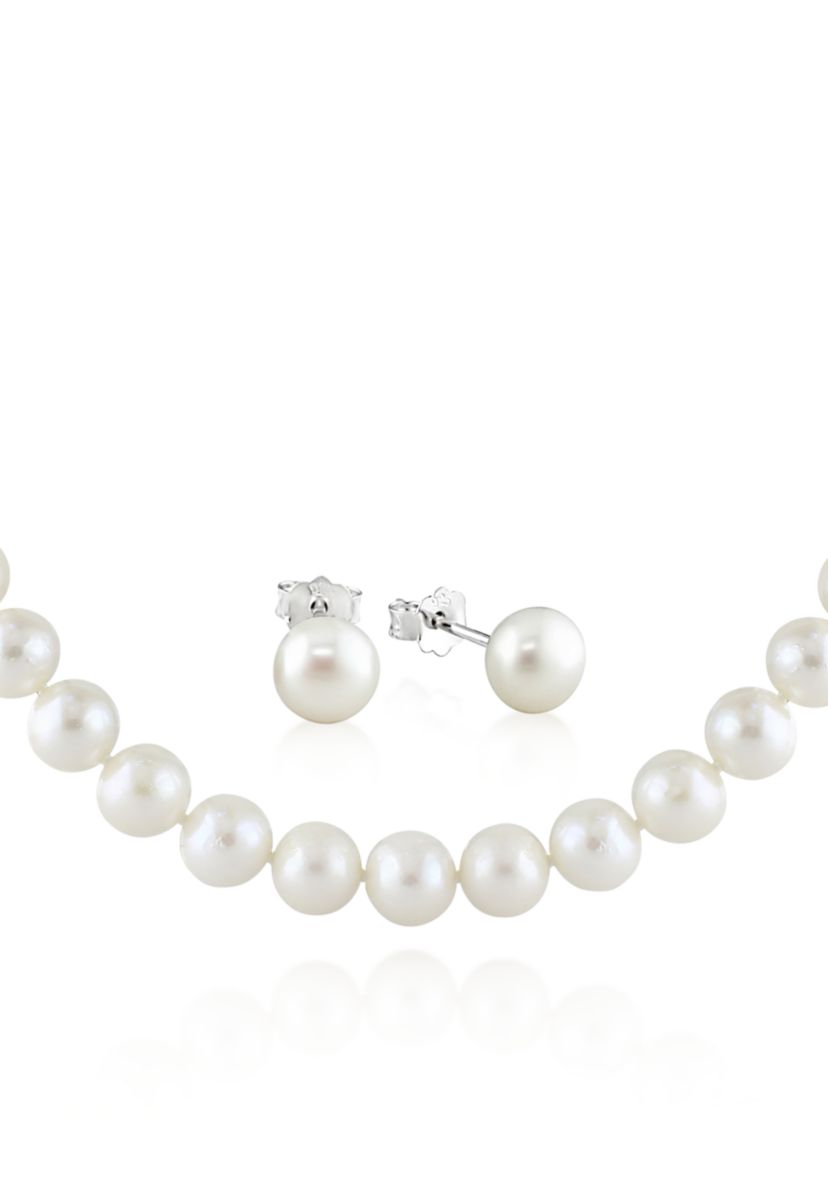 Sterling Silver White Cultured Freshwater Pearl Necklace and Earring Set