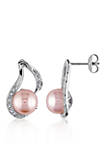 Sterling Silver Pink Cultured Freshwater Pearl and Diamond Earrings
