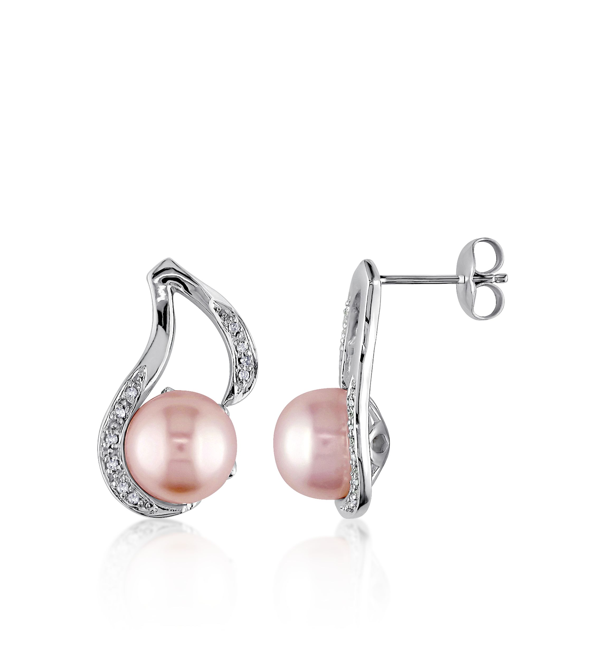 Sterling Silver Pink Cultured Freshwater Pearl and Diamond Earrings
