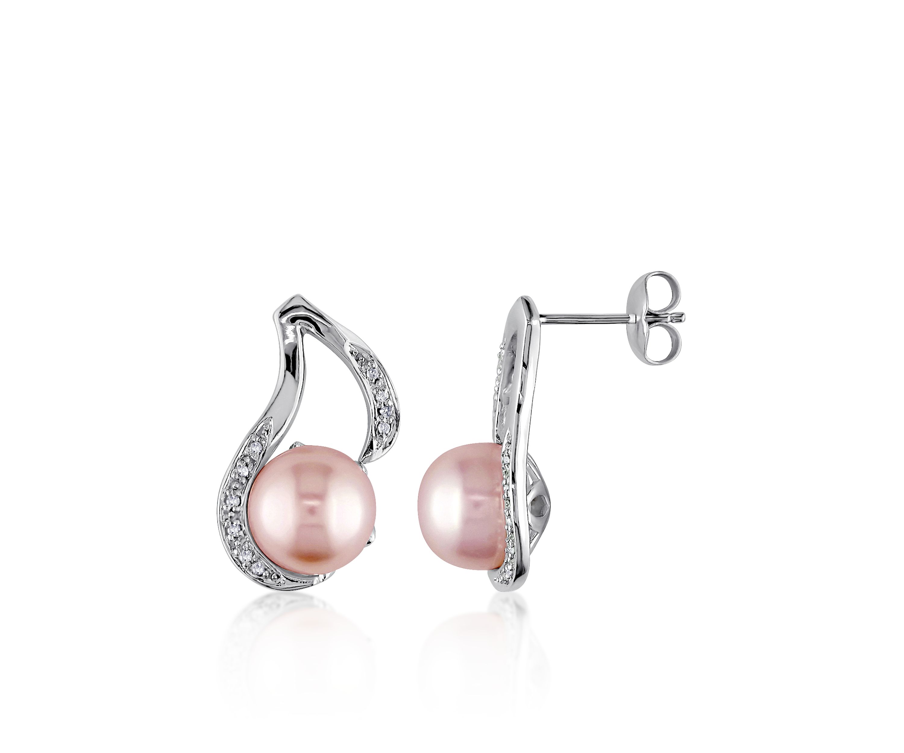Sterling Silver Pink Cultured Freshwater Pearl and Diamond Earrings